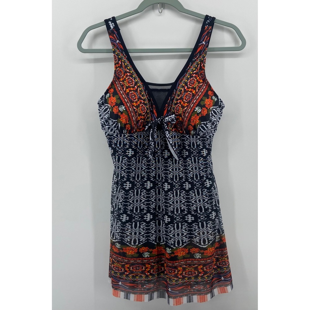 Bold Babydoll Geometric Floral Print Swimdress One Piece Swimsuit Medium
